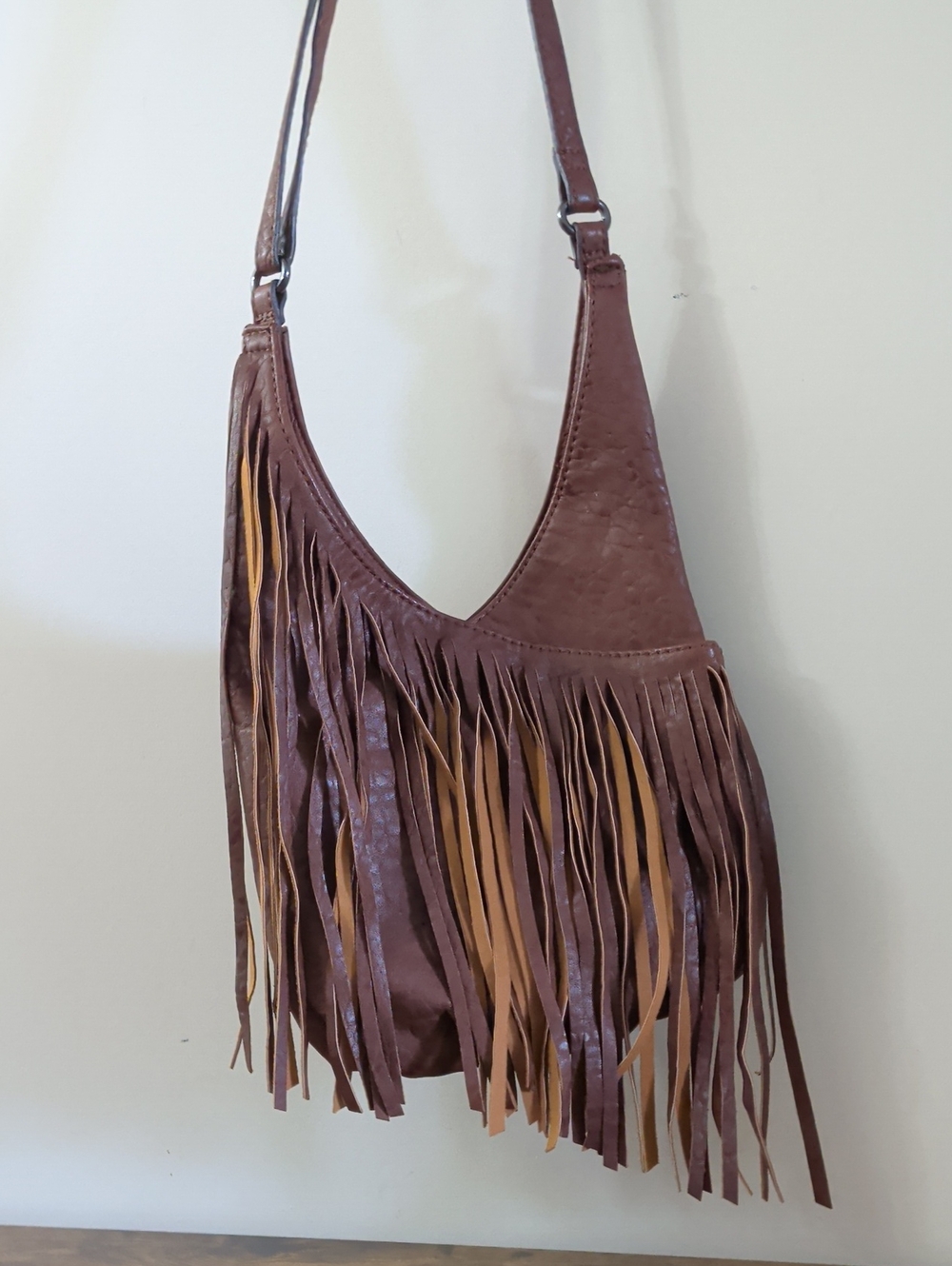 Fringed Shoulder Hobo Bag in Brown with Tan Accents